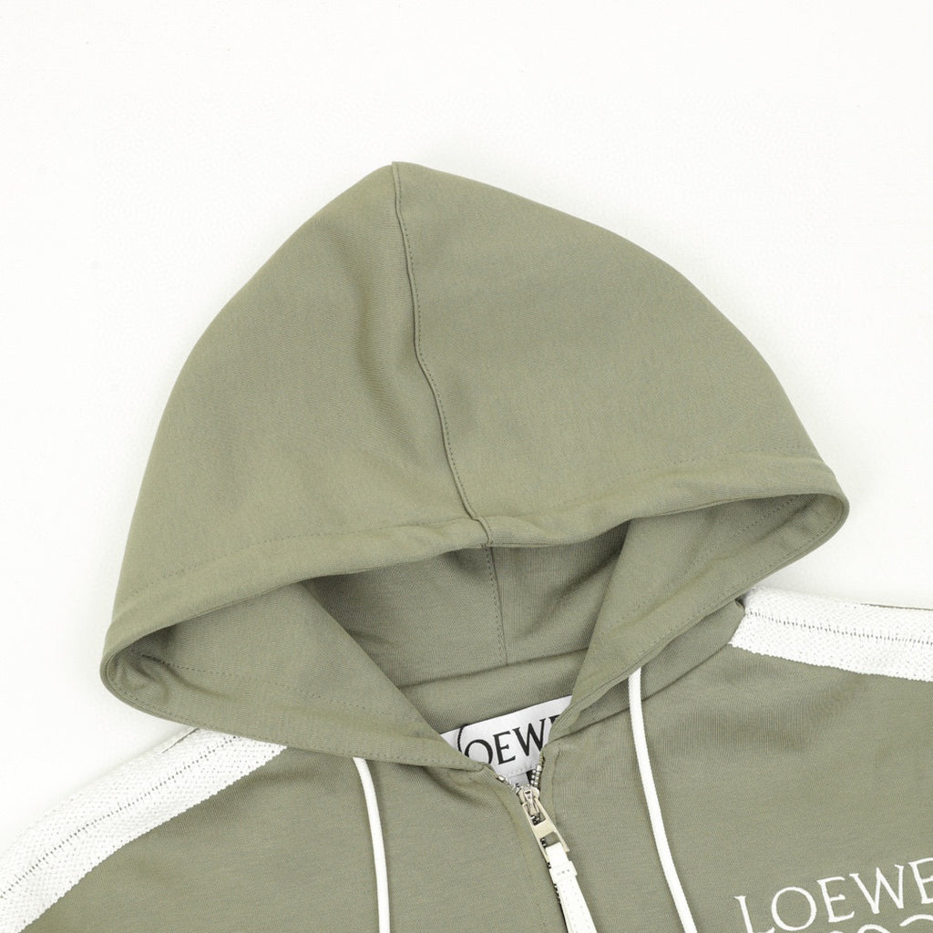 Loewe Anagram Logo Embroidered Contrast Sleeve Zip-Up Hoodie — Olive