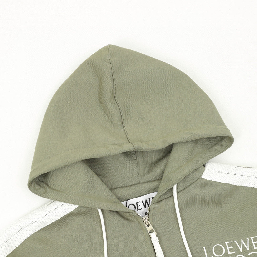 Loewe Anagram Logo Embroidered Contrast Sleeve Zip-Up Hoodie — Olive