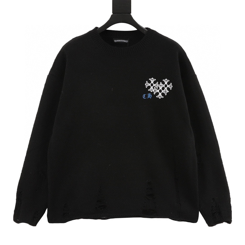 CH Embroidered Sanskrit Cross Distressed Knit Sweater