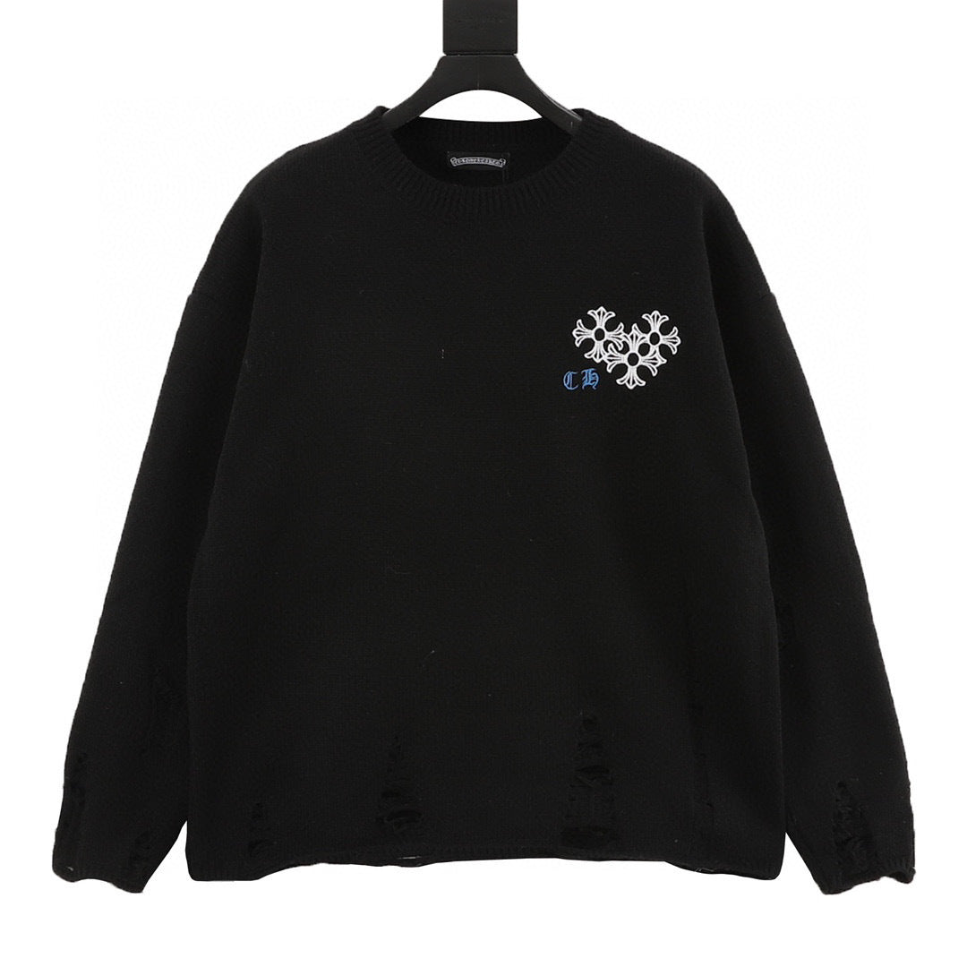 CH Embroidered Sanskrit Cross Distressed Knit Sweater