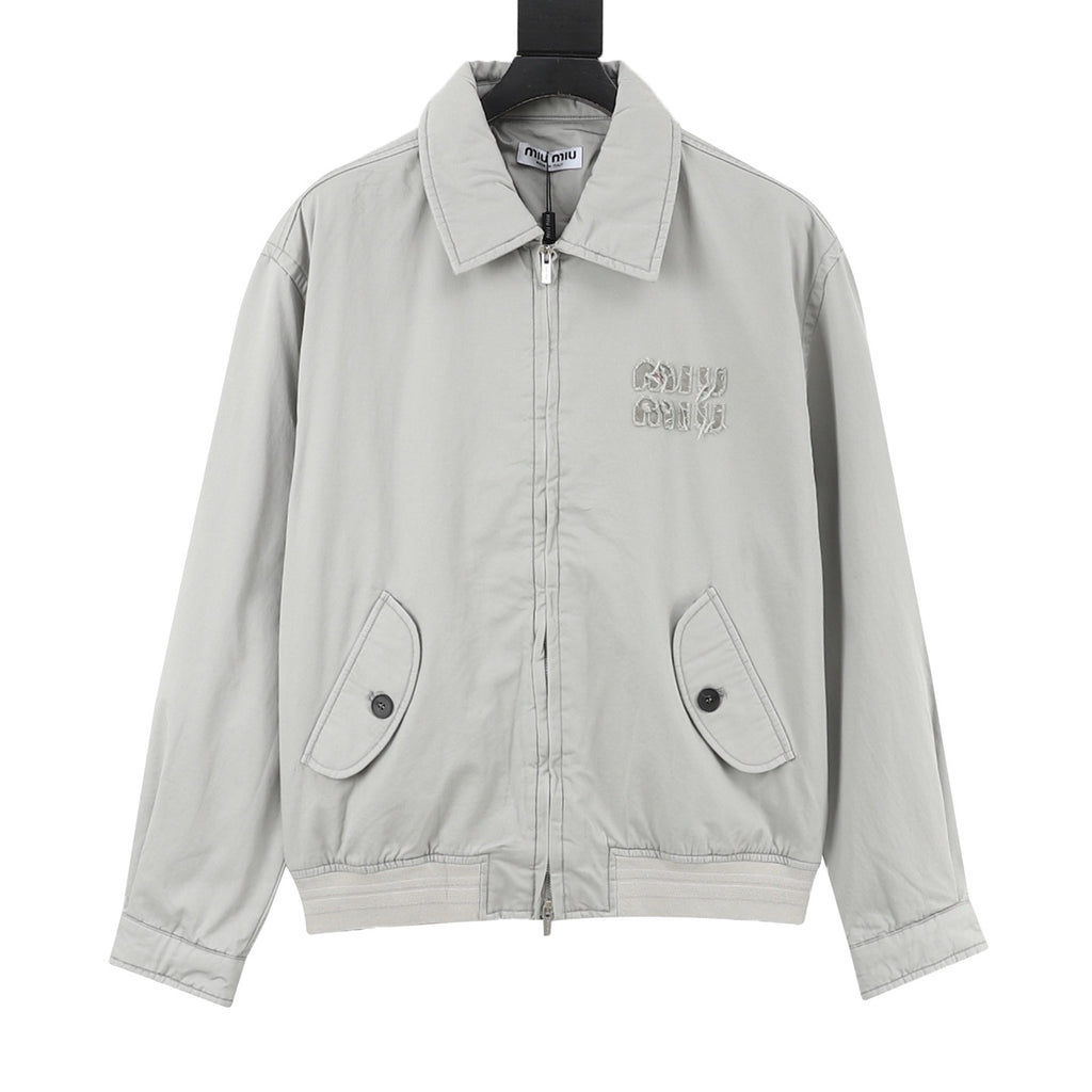Miu Miu Light Grey Embroidered Logo Bomber Jacket | Women's & Men's Styling