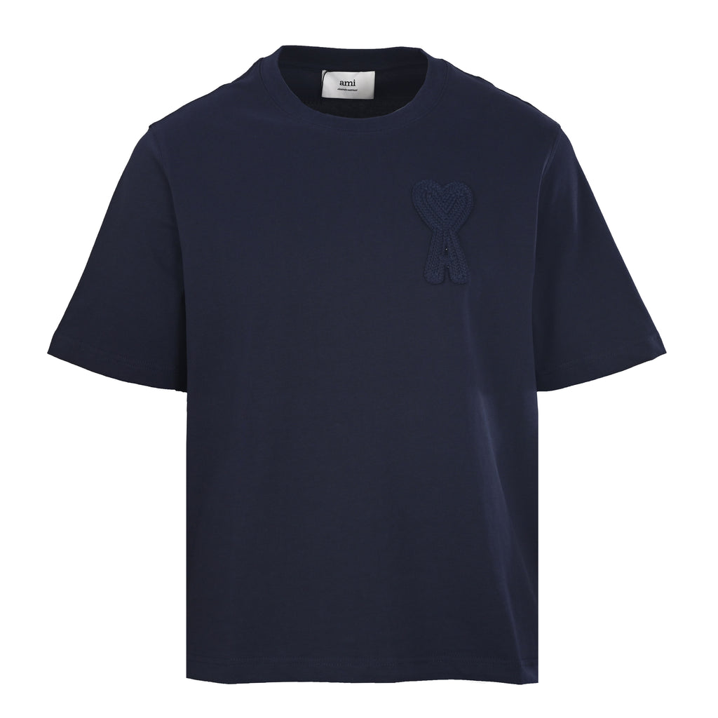 AMI Men's Navy Crochet Heart Logo T-Shirt