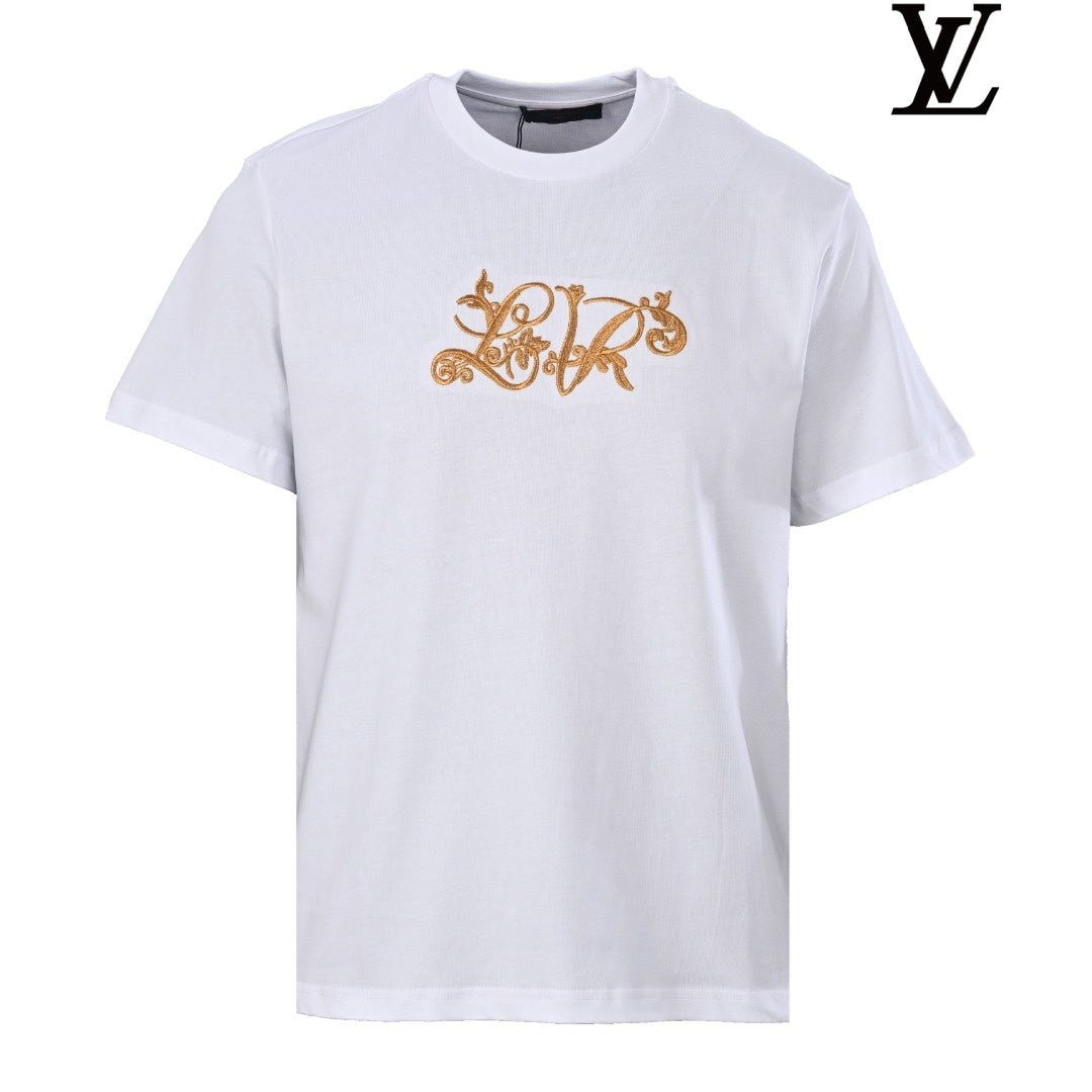 Louis Vuitton Men's White T-Shirt with Gold Embroidery