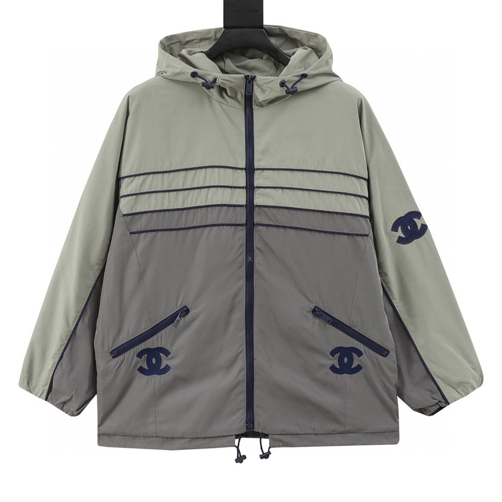 Chanel Vintage-Style Hooded Windbreaker with Embroidered Double-C Logo and Zipper Closure