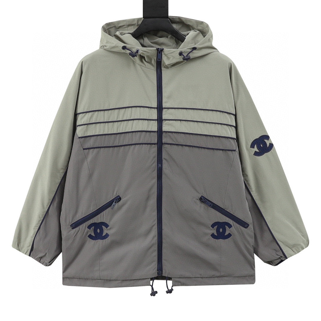 Chanel Vintage-Style Hooded Windbreaker with Embroidered Double-C Logo and Zipper Closure
