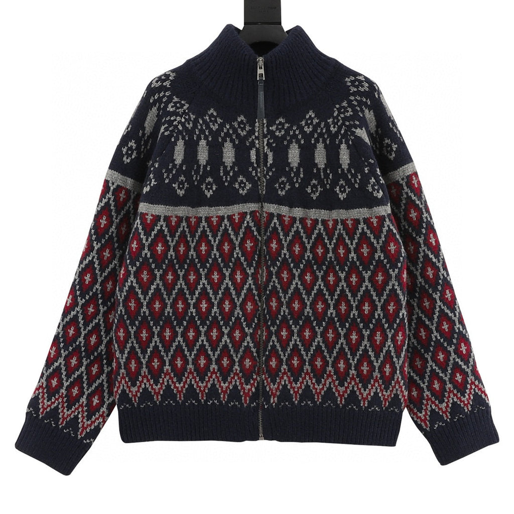 Loewe Fair Isle Jacquard Zip-Up Stand Collar Knit Cardigan