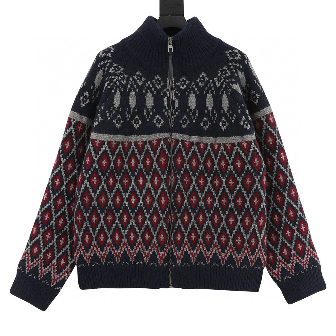 Loewe Fair Isle Jacquard Zip-Up Stand Collar Knit Cardigan