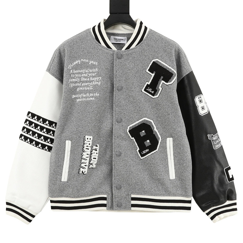 Thom Browne Women's & Men's Grey Letter Patch Leather-Sleeve Varsity Jacket