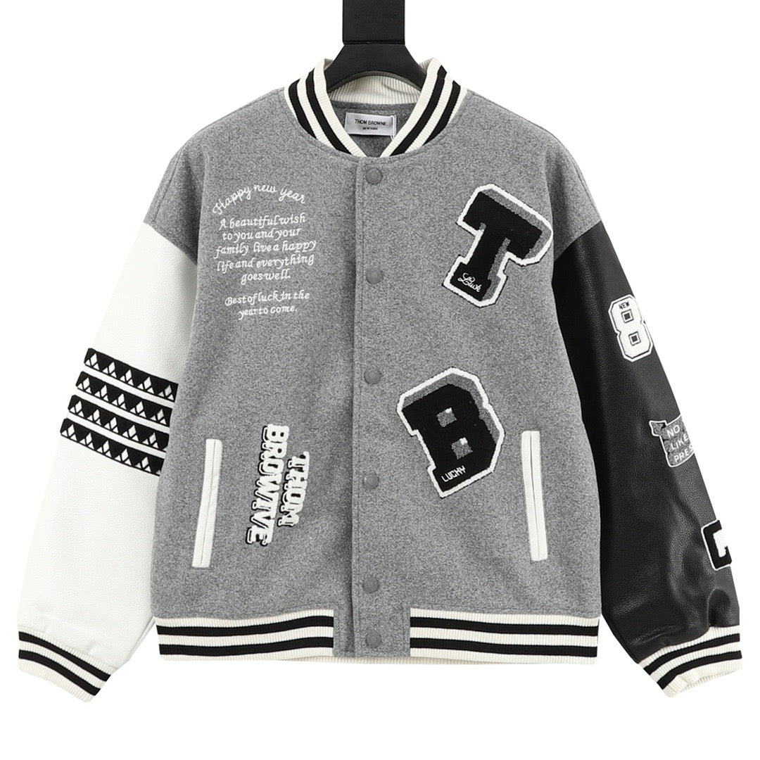 Thom Browne Women's & Men's Grey Letter Patch Leather-Sleeve Varsity Jacket