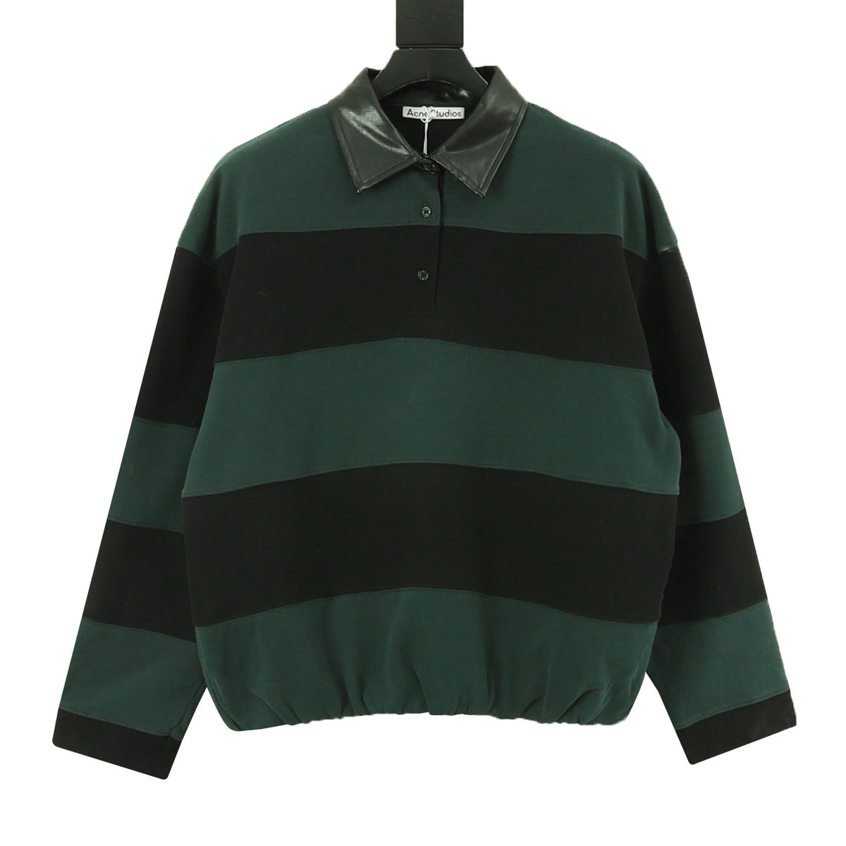 Acne Studios Women's Men's Green and Black Striped Long-Sleeve Polo with Faux Leather Collar