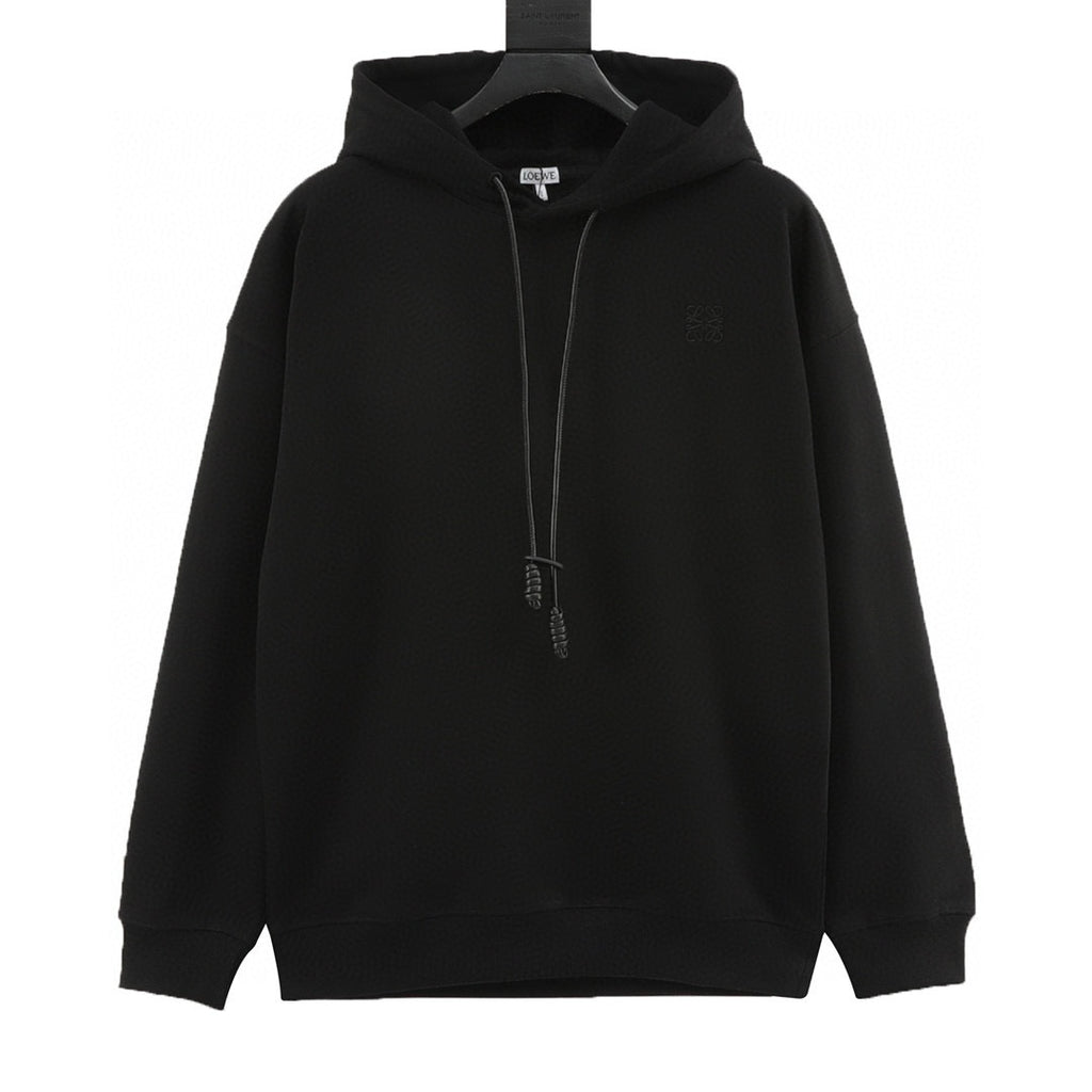 Loewe Anagram Leather Drawstring Hoodie — Black