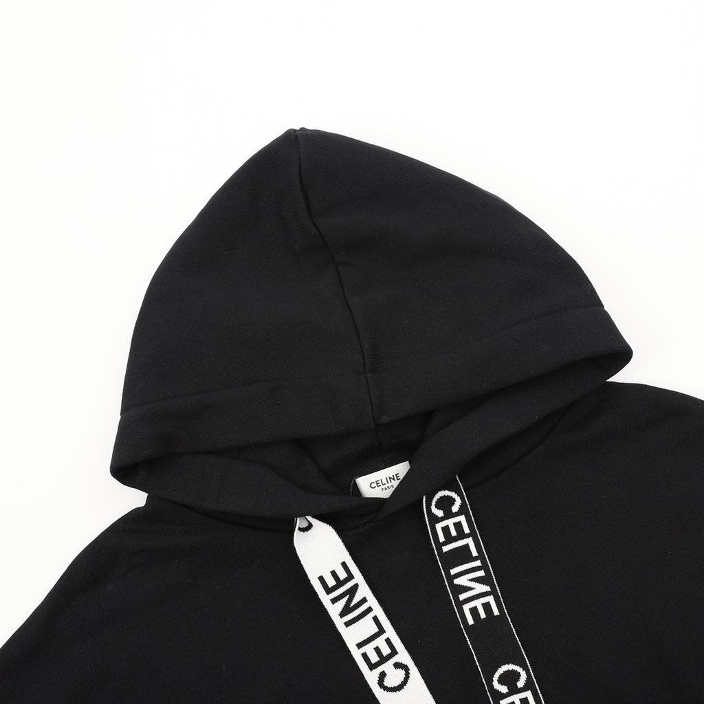 CELINE Women's & Men's Black Hoodie with Logo-Print Drawstring