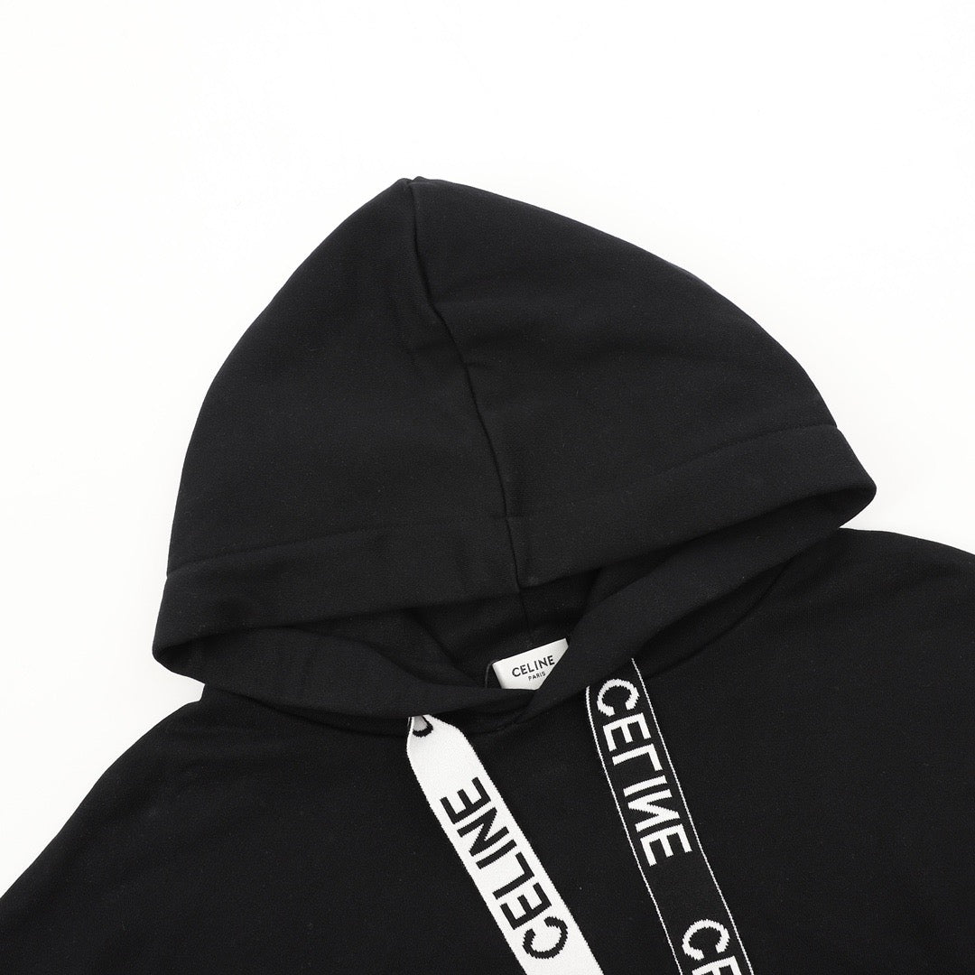 CELINE Women's & Men's Black Hoodie with Logo-Print Drawstring