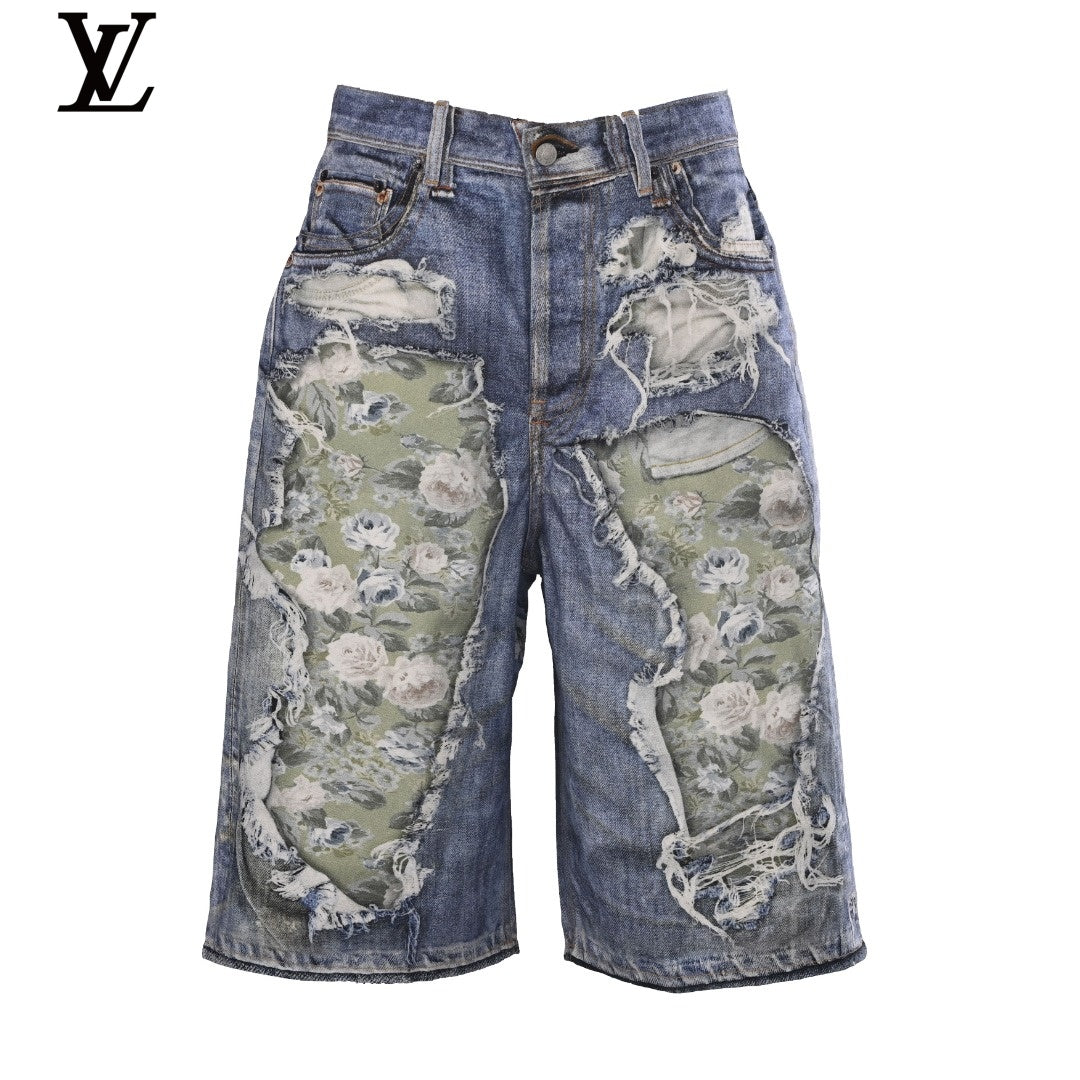 Louis Vuitton Men's Floral Patchwork Distressed Denim Shorts