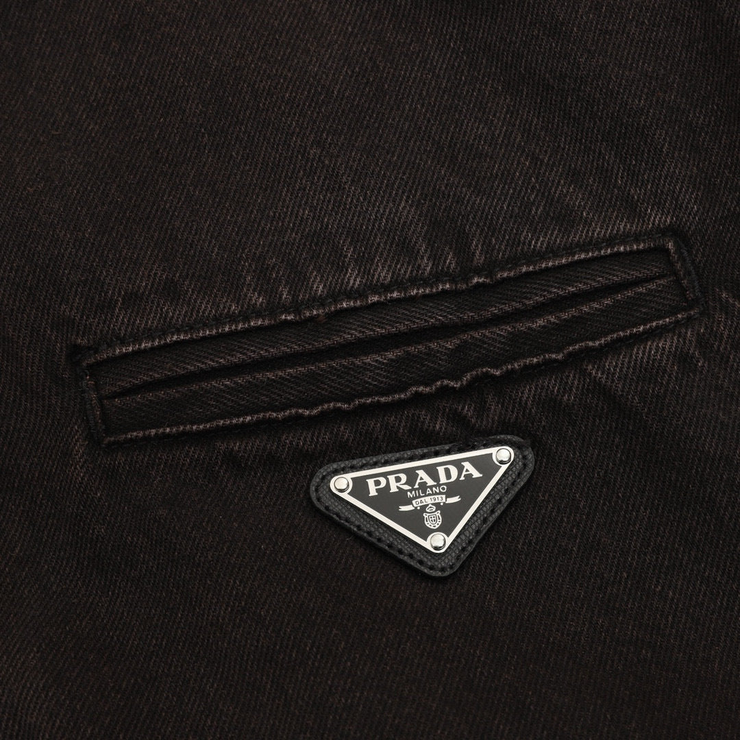 Prada Triangle Logo Over-Dyed Washed Denim Bomber Jacket