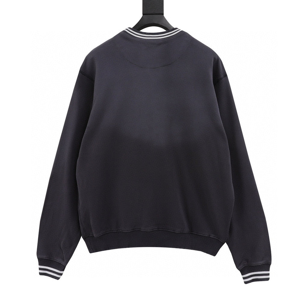 Prada Heritage Logo Embroidered Striped Trim Washed Crew Neck Sweatshirt