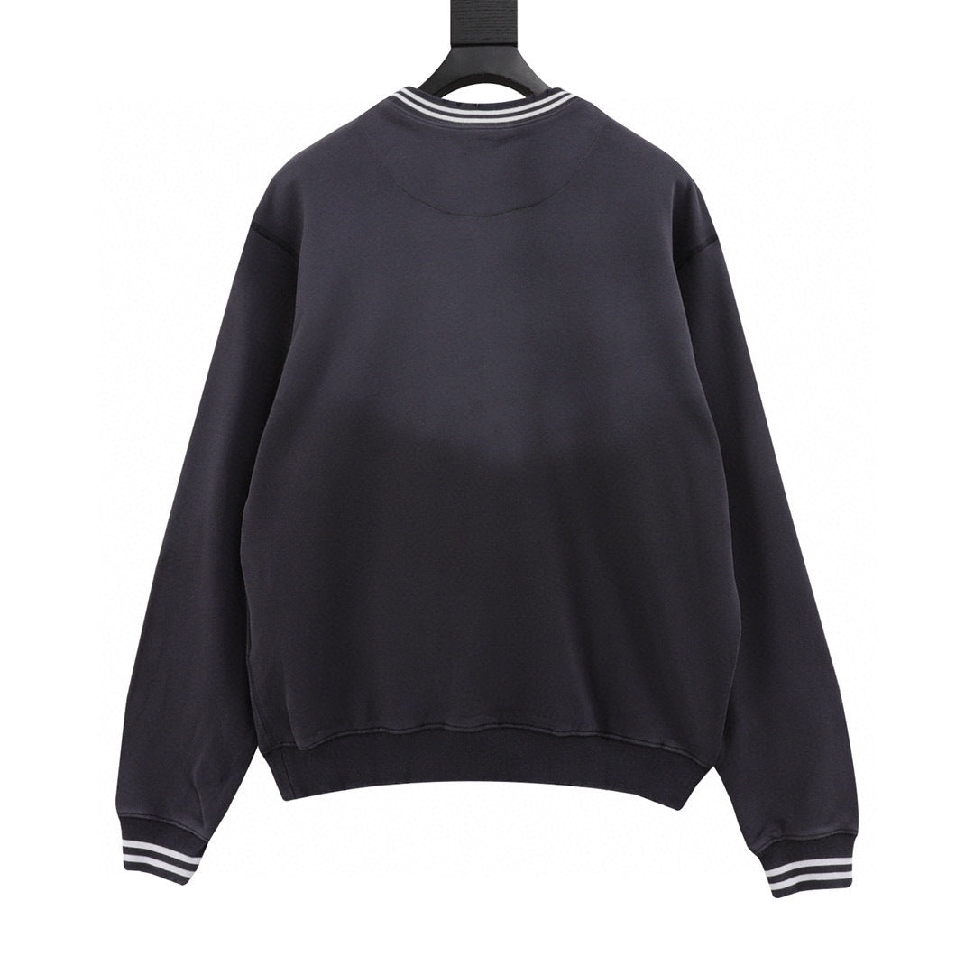 Prada Heritage Logo Embroidered Striped Trim Washed Crew Neck Sweatshirt