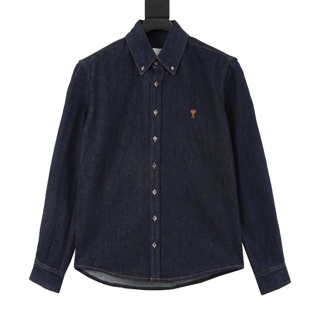 AMI Paris Women's Men's Heart Logo Dark Denim Shirt