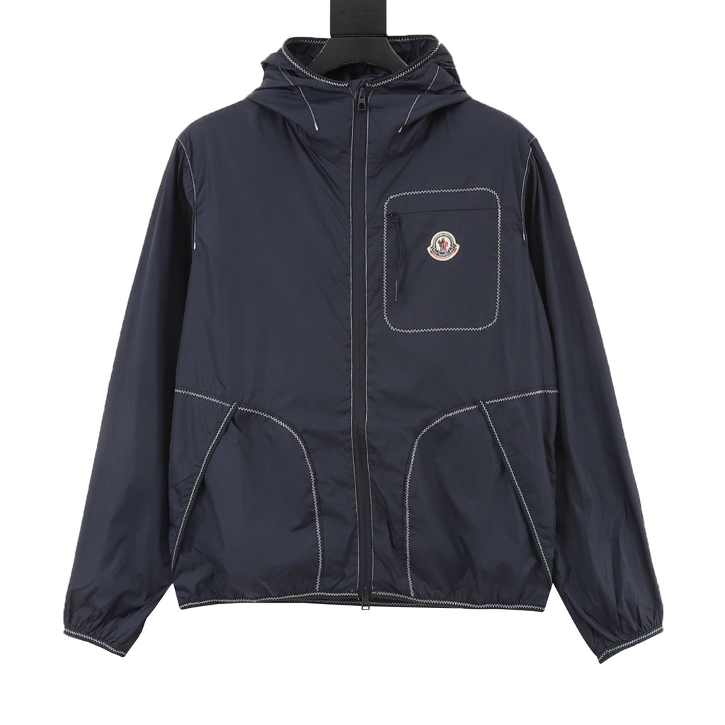 Moncler Women's Men's Navy Stitched Hooded Windbreaker Jacket
