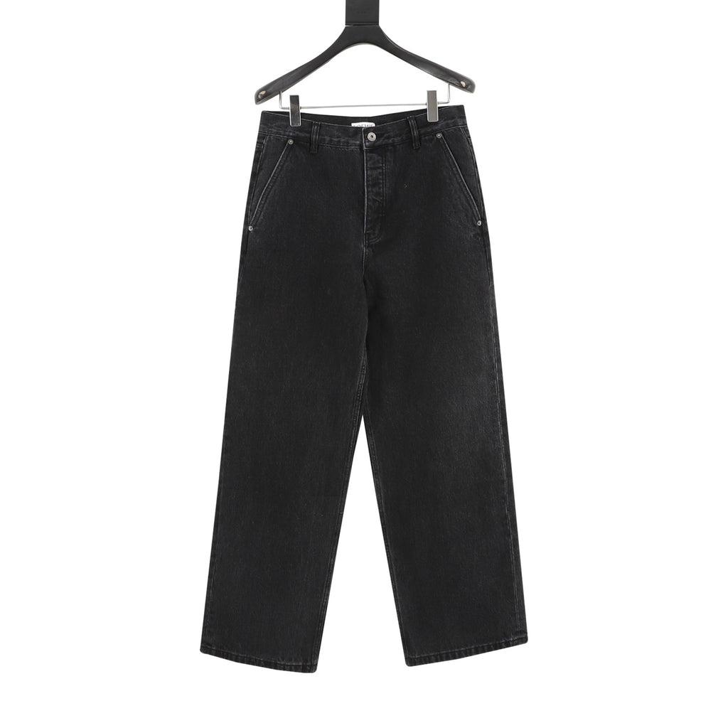 Loewe Contrast Stitch Wide-Leg Washed Denim Trousers | Black Leather Patch Workwear Luxury