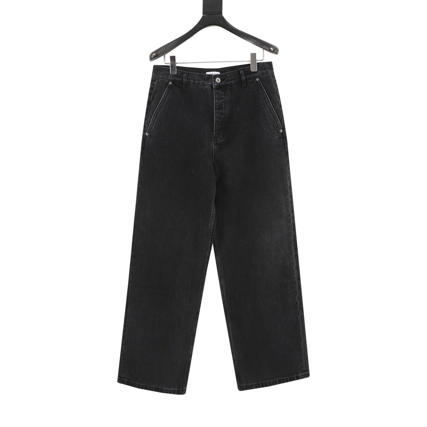Loewe Contrast Stitch Wide-Leg Washed Denim Trousers | Black Leather Patch Workwear Luxury