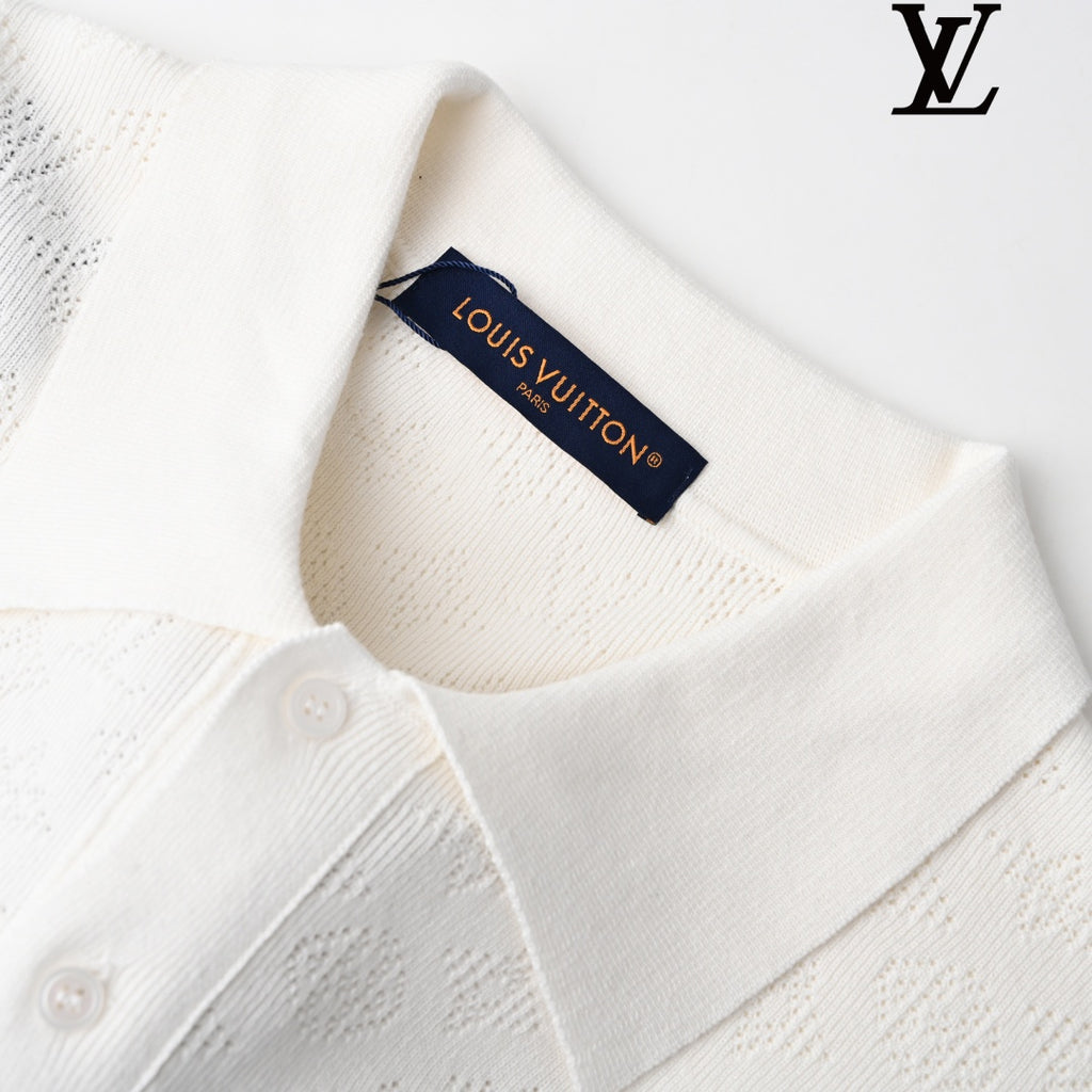 Louis Vuitton Men's White Monogram Mesh-Knit Short-Sleeve Shirt