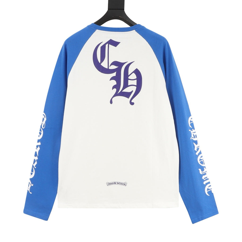 Chrome Hearts 25FW Black Label Raglan Baseball Long Sleeve T-Shirt | White Blue Gothic Print