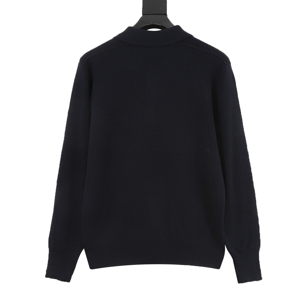 Burberry Five-Color Check Placket Wool Long Sleeve Polo Sweater | Black Relaxed Luxury Knitwear
