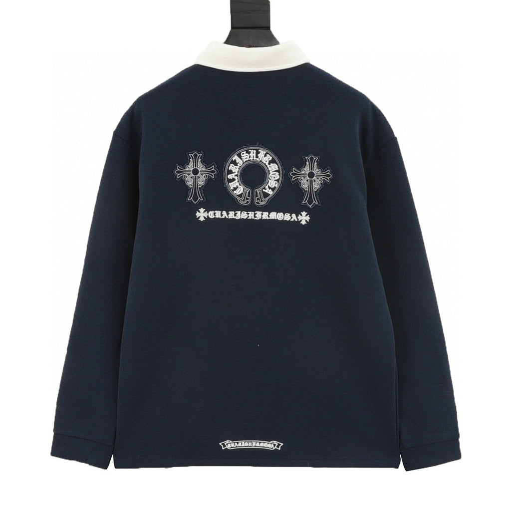 CH Long-Sleeve Polo Shirt with Cross Embroidery and Contrasting Collar