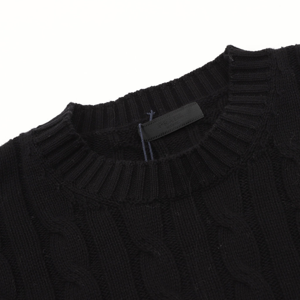 Prada Resort Anchor Logo Cable Knit Crewneck Sweater | Black Nautical Luxury Knitwear