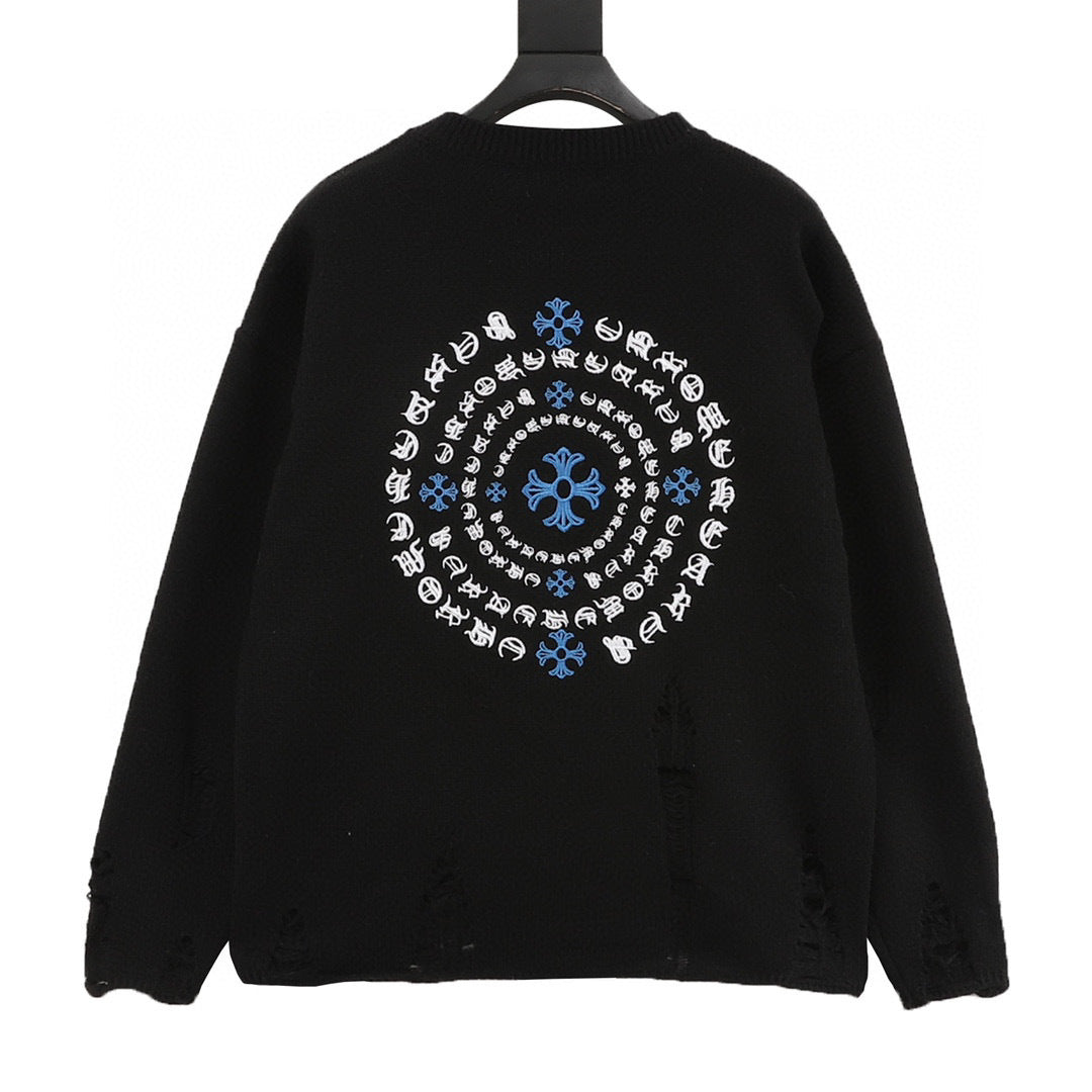 CH Embroidered Sanskrit Cross Distressed Knit Sweater