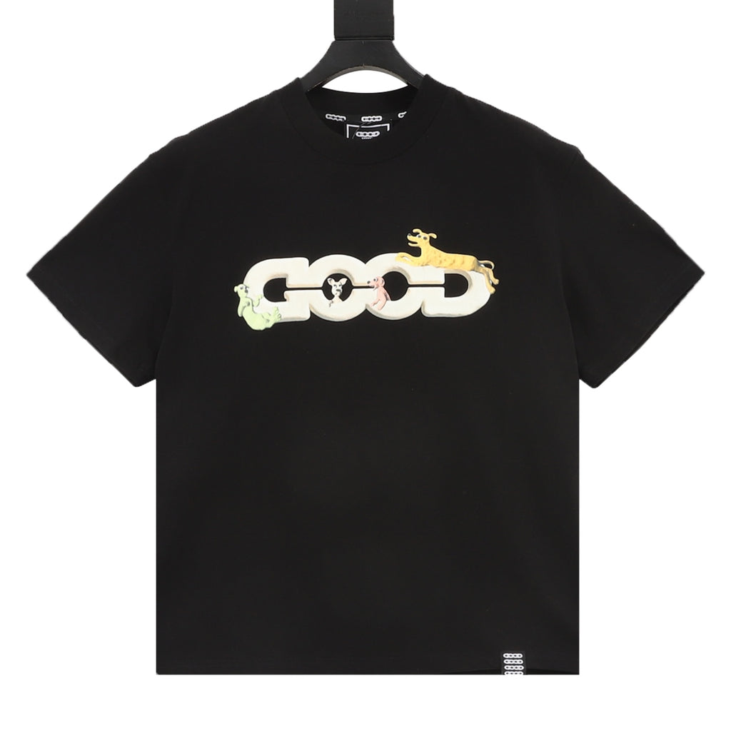 Good Brand Cartoon Animal Logo Print Short-Sleeve T-Shirt in Black