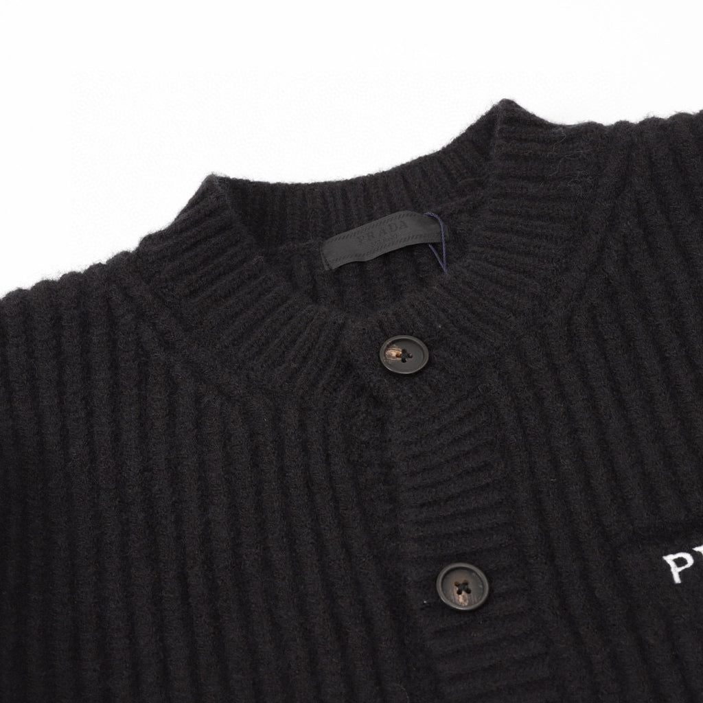 Prada Milano Logo Embroidered Chunky Rib Knit Button Cardigan