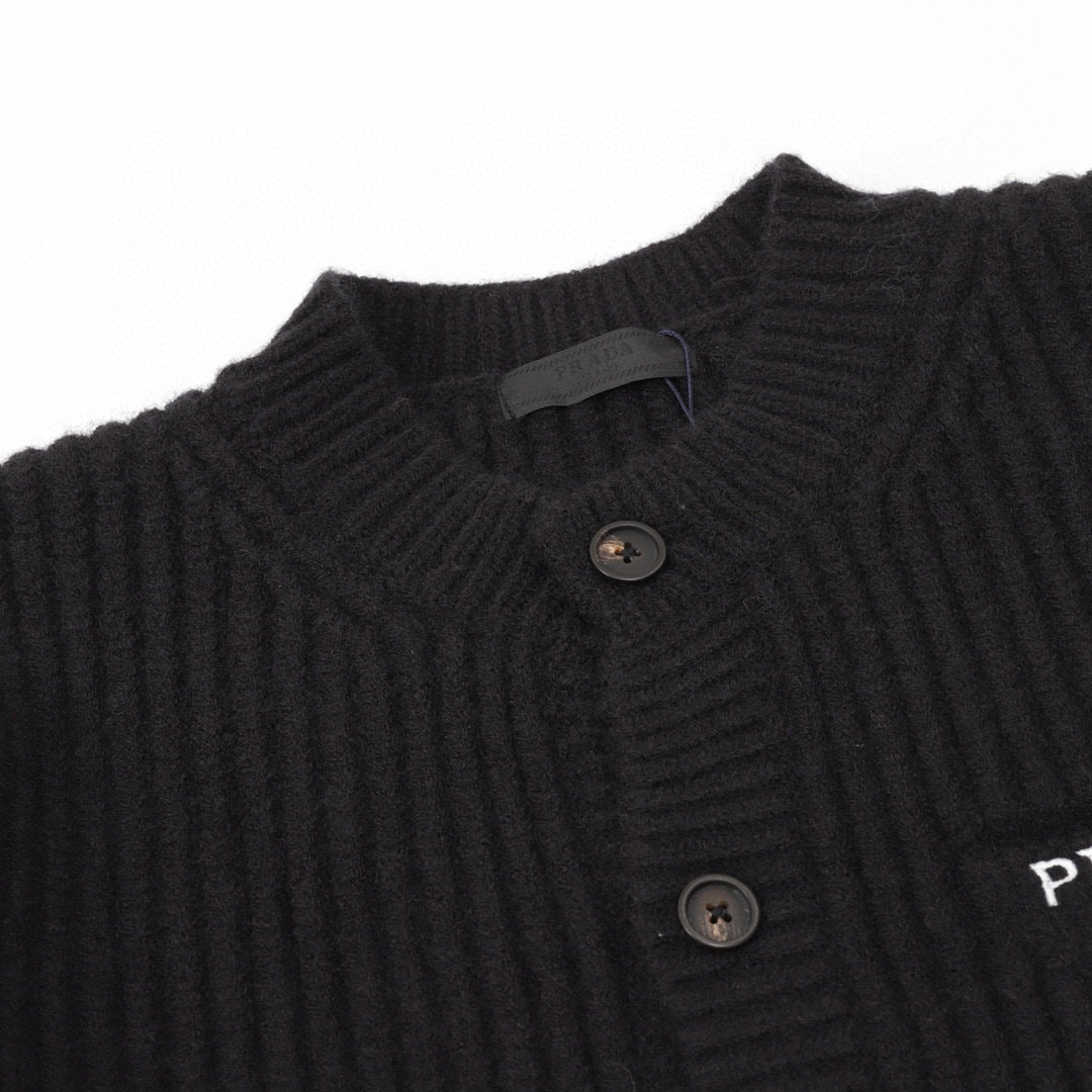 Prada Milano Logo Embroidered Chunky Rib Knit Button Cardigan