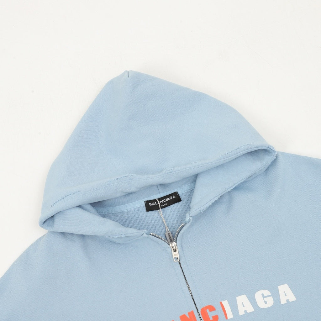 Balenciaga Women's Men's Light Blue Logo Zip-Up Hoodie