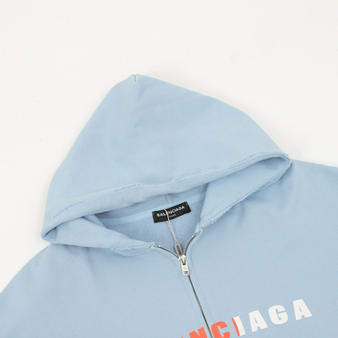 Balenciaga Women's Men's Light Blue Logo Zip-Up Hoodie