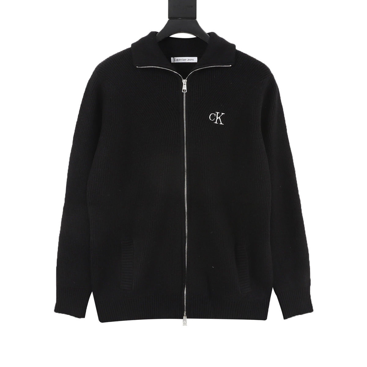 Calvin Klein Women's Men's Black Full-Zip Ribbed Knit Sweater