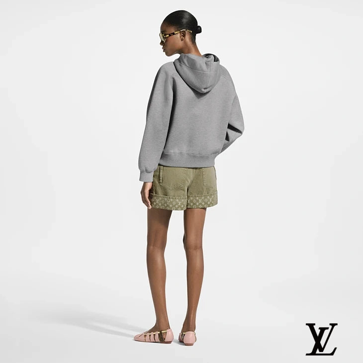 Louis Vuitton Olive Cuffed Denim Shorts with Monogram Hem