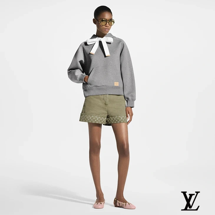 Louis Vuitton Olive Cuffed Denim Shorts with Monogram Hem