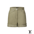 Louis Vuitton Olive Cuffed Denim Shorts with Monogram Hem
