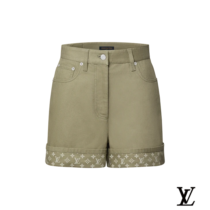 Louis Vuitton Olive Cuffed Denim Shorts with Monogram Hem