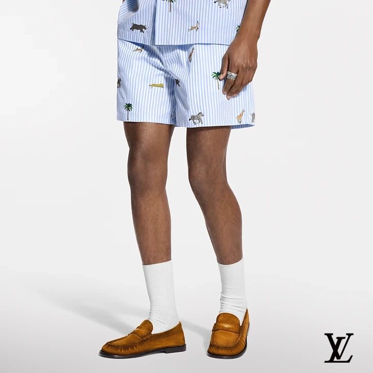 Louis Vuitton Light Blue Striped Animal-Print Shorts