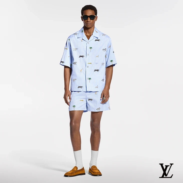 Louis Vuitton Light Blue Striped Animal-Print Shorts