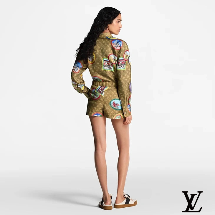 Louis Vuitton Brown Monogram Travel Patch Silk Shorts