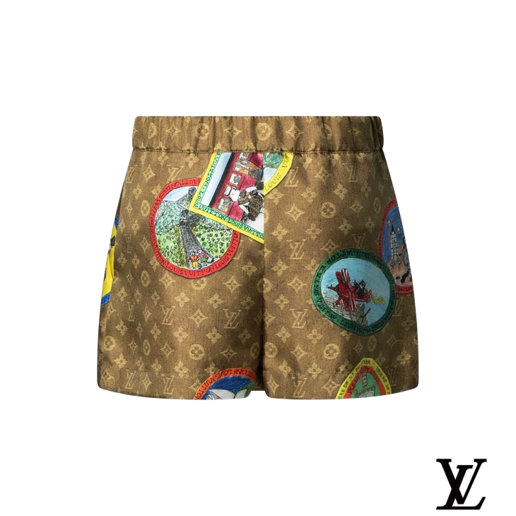 Louis Vuitton Brown Monogram Travel Patch Silk Shorts