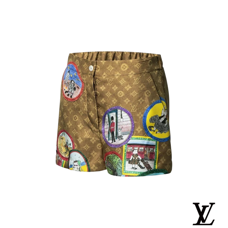 Louis Vuitton Brown Monogram Travel Patch Silk Shorts