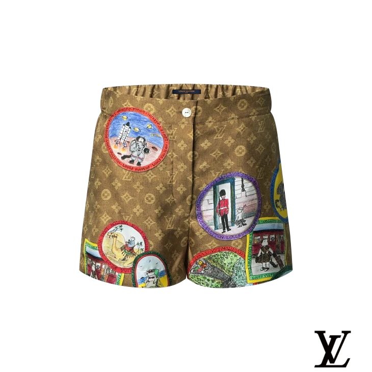 Louis Vuitton Brown Monogram Travel Patch Silk Shorts