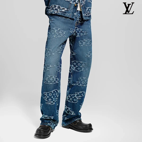 Louis Vuitton Blue Sketch Monogram Print Denim Pants
