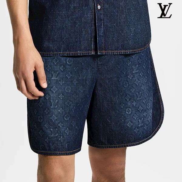 Louis Vuitton Dark Blue Monogram Embossed Elastic Waist Denim Shorts