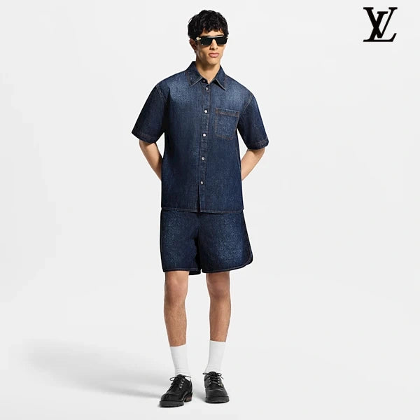 Louis Vuitton Dark Blue Monogram Embossed Elastic Waist Denim Shorts